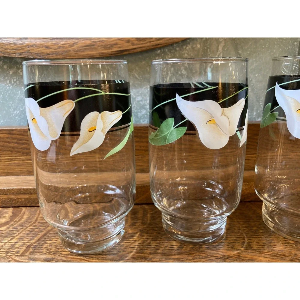 Vintage Calla Lily Highball Glasses Set of 4 Black Band Floral Footed Tumblers